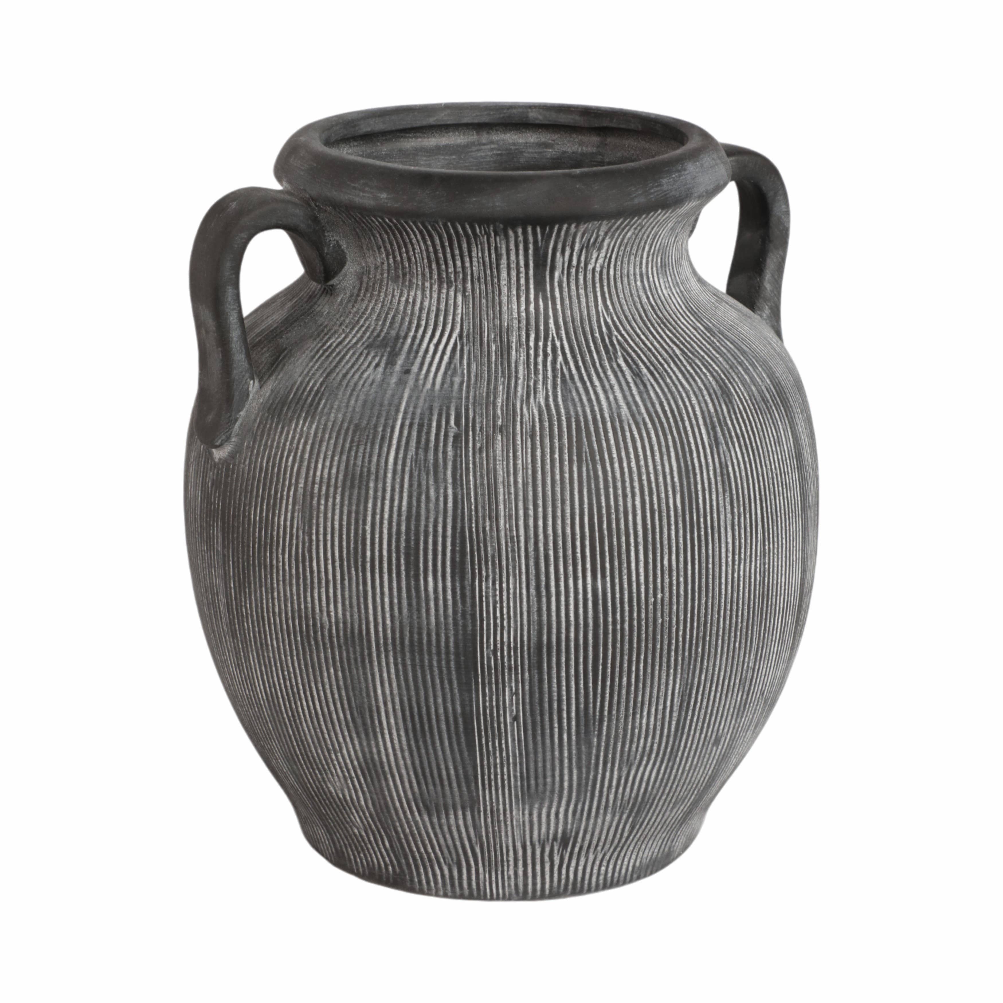 Ceramic Ribbed Texture Weathered Handle Vase