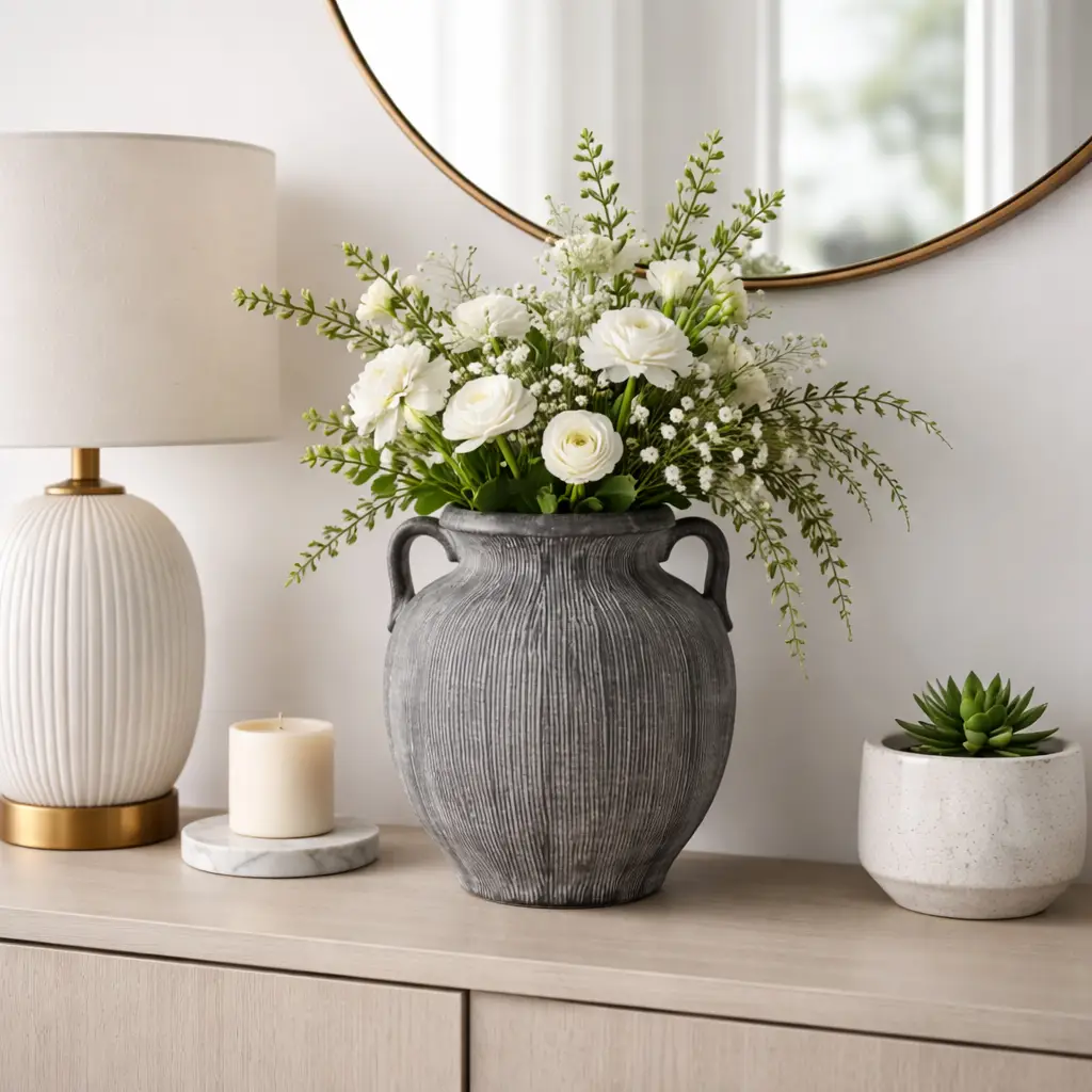 Ceramic Ribbed Texture Weathered Handle Vase