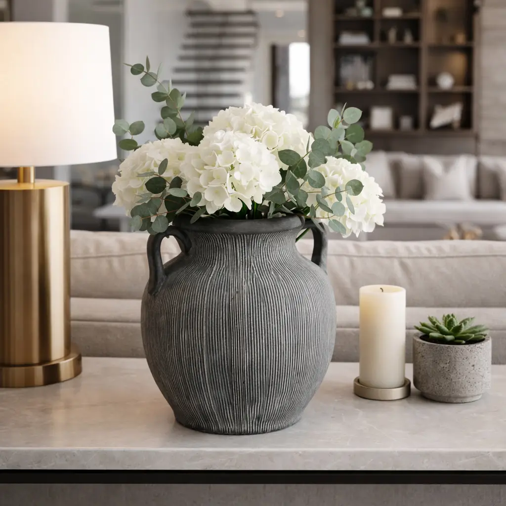 Ceramic Ribbed Texture Weathered Handle Vase